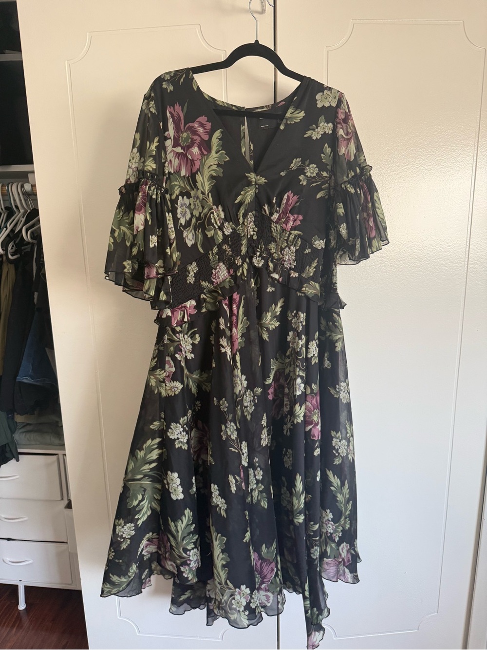Black Floral Midi Dress with Ruffled Sleeves